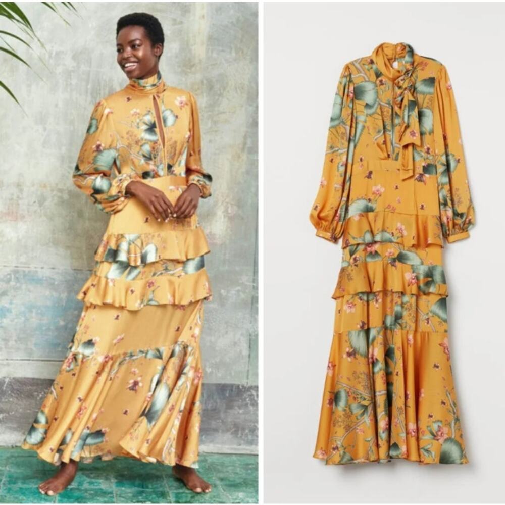 H&M x Johanna Ortiz Floral Maxi Dress Ruffle Puff Long Sleeve Tiered Satin Midi